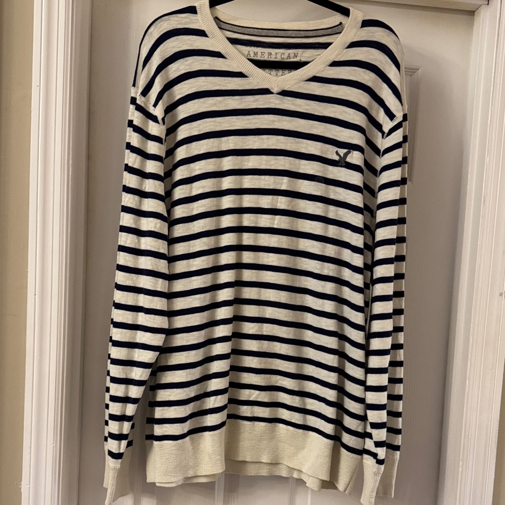 American Eagle Outfitters Men's V-Neck Sweater - Navy and Cream Stripes